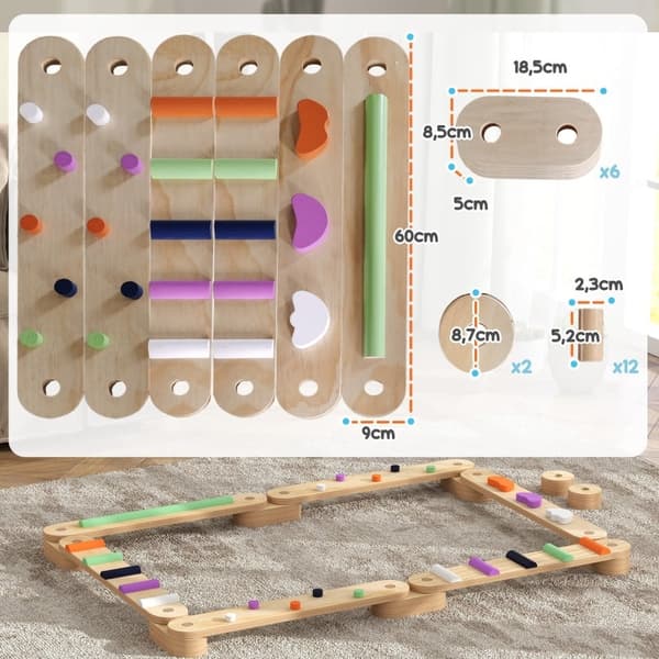 Rootz Kids Balance Beam Set - Træbalancebrætter - Playful balance træning - Forbedrer koordination - 130 cm x 115 cm x 8,5 cm