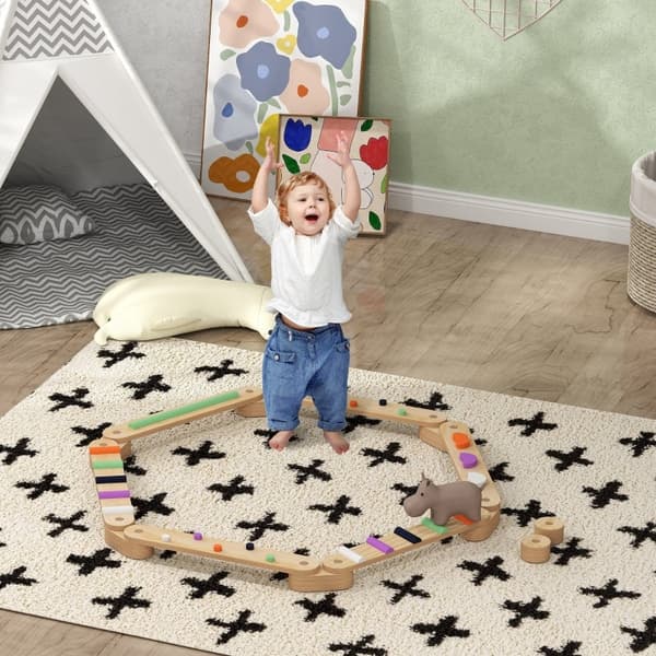 Rootz Kids Balance Beam Set - Træbalancebrætter - Playful balance træning - Forbedrer koordination - 130 cm x 115 cm x 8,5 cm