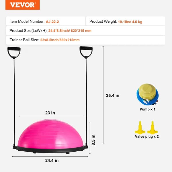 Halv træningsbold, 300 kg kapacitet, inkluderer elastiske bånd, kompakt størrelse,pink 58cm