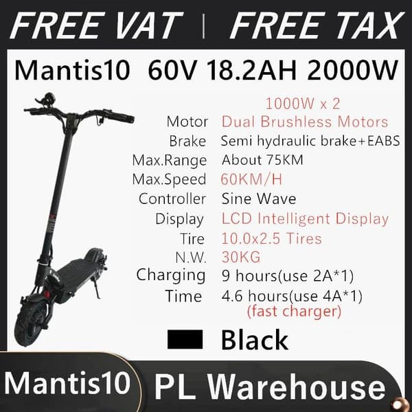 Kaabo Mantis 10 Scooter 60V 18,2AH 24,5AH 2000W El-scooter Sammenfoldelig Hoverboard Skateboard Moms Inklusiv