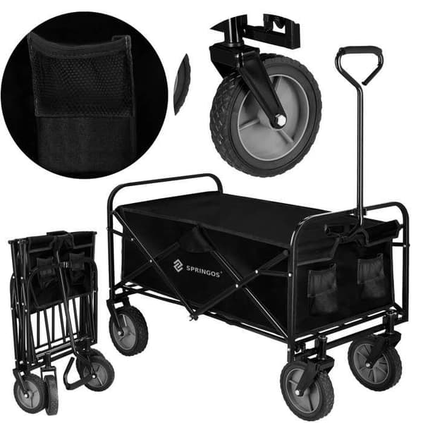 Fällbar transportvagn - Springos - Svart - Maximal belastning 80 kg - Kapacitet 105 L - 4 hjul