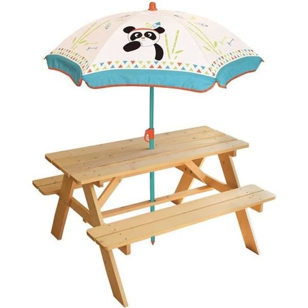 ROLIGT HUS 713144 INDISK PANDA Träpiknickbord med parasoll för barn