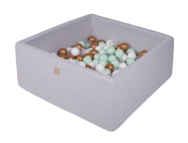 MeowBaby® boldgrav med boldhul til børn firkantet poolspil 90 x 90 x 40 cm/200 bolde 7 cm lysegrå: hvid/guld/transparent/mint