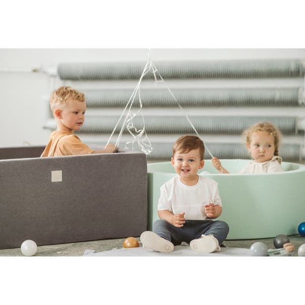 MeowBaby® boldgrav med Baliv til børn Square Pool spil 90 x 90 x 40 cm/200 bolde 7 cm Lysegrå: Blå/Transparent/Baby Blå/Sølv