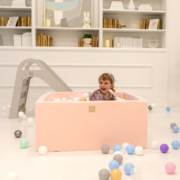 MeowBaby® boldgrav med Baliv til børn Square Pool spil 90 x 90 x 40 cm/200 bolde 7 cm Lysegrå: Blå/Transparent/Baby Blå/Sølv