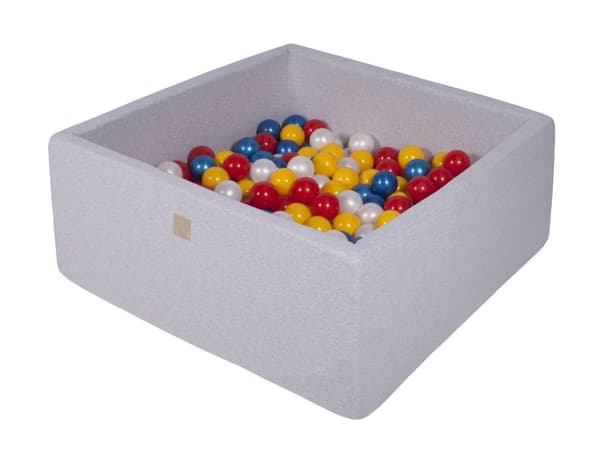 MeowBaby® boldgrav med boldhul til børn firkantet poolspil 90 x 90 x 40 cm/200 bolde 7 cm lysegrå: rød/gul/hvid perle/blå perle