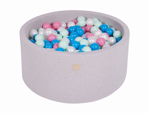 MeowBaby® Komplett set med Bollhav 90x40cm med 300 Balls 7cm certifierad, Bomull, Ljusgrå Blå/Vit pärla/Ljusrosa/Mynta