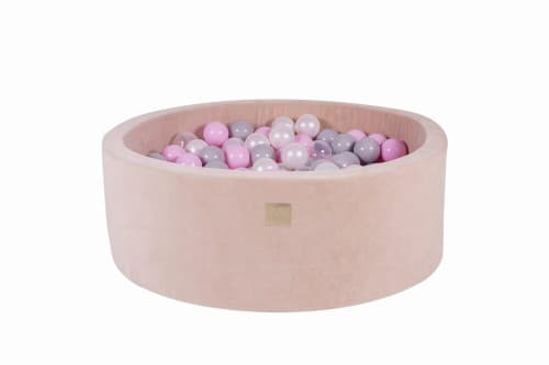 MeowBaby® Komplett set med Bollhav 90x30cm med 200 Bollar 7cm certifierade, sammet, Ecru Genomskinlig/Pastellrosa/Vit pärla/Grå