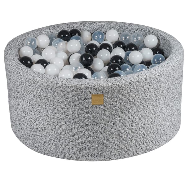 MeowBaby® Komplett set med Bollhav 90x40cm med 300 Bollar 7cm certifierade, boucle, gråmelerad Svart/Vit/Transparent