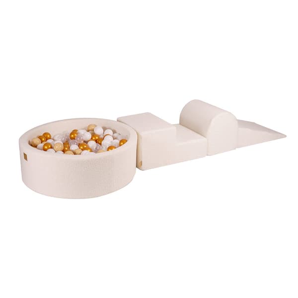 MeowBaby® Skum Klatreblok til Småbørn Boucle Hvid 3 elementer med Kuglegrav 90x30cm Guld/Beige/Hvid/Transparent