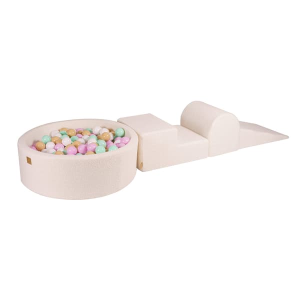 MeowBaby® Klätterblock i skum för småbarn Boucle Vit 3 element med bollhav 90x30cm Pastellrosa/Mynta/Vit/Beige