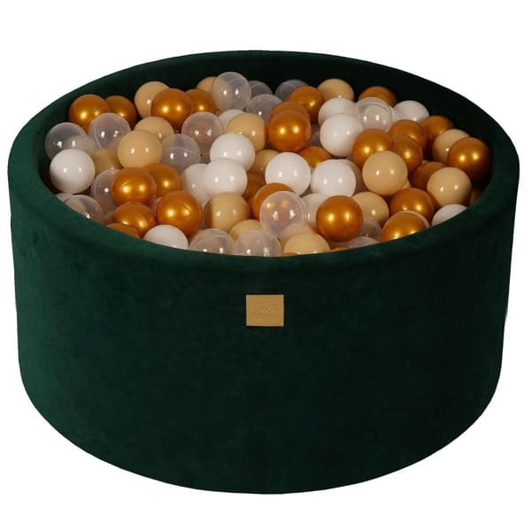 MeowBaby® Komplett set med Bollhav 90x40cm med 300 Bollar 7cm certifierade, sammet, mörkgrön Guld/Beige/Vit/Transparent