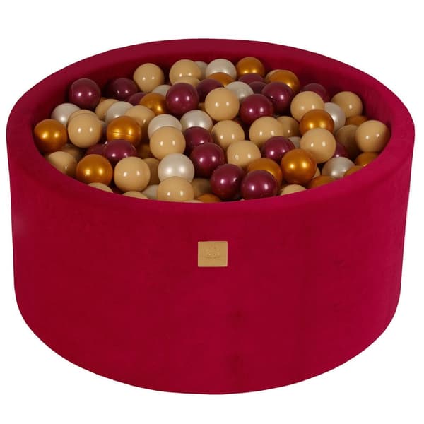 MeowBaby® Komplett set med Bollhav 90x40cm med 300 Bollar 7cm certifierade, sammet, magenta Bourgogne pärla/Guld/Vit pärla/Beige