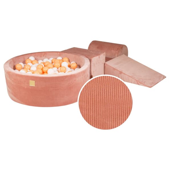 MeowBaby® Skumlekset med Bollhav 90x30 cm/200 bollar 7 cm, Lekset för ett barn, 4 element, Sammet Kordslakan, Aprikos vit, orange