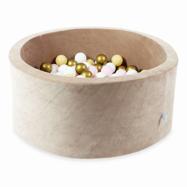Beige samettinen palloallas 300 värikkään pallon kanssa lapsille - turvallinen, pehmeä ja konekestävä