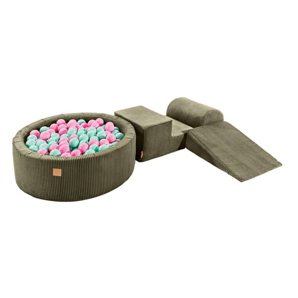 MeowBaby® 4-delt skumlegeplads til børn med pool + 200 bolde 240x45cm, æstetisk, khaki