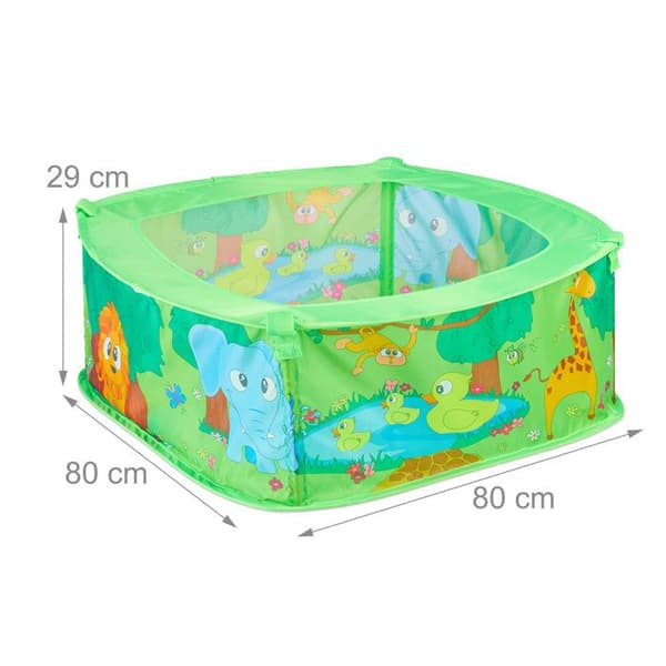 Relaxdays Ball Pit, 50 bollar, lektält, bollar, pop up djungeldjur inomhus HxBxD: 29 x 80 x 80 cm, Grön