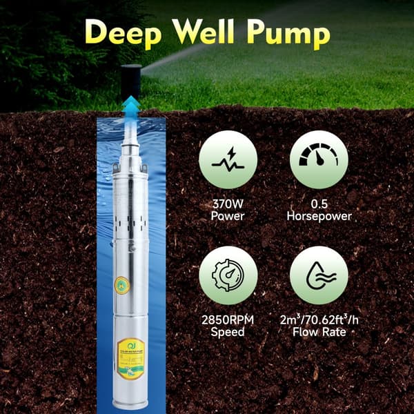 DC24V Syväkaivopumppu, 0.37KW Teho, 213.25ft Maksimipumppauskorkeus, 70.62ft³/h Virtausnopeus