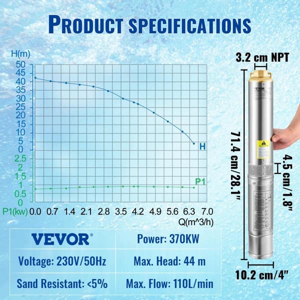Nedsänkbar vattenpump, rostfritt stål, hög flödeshastighet, hög lyfthöjd, 370W Kontrollbox