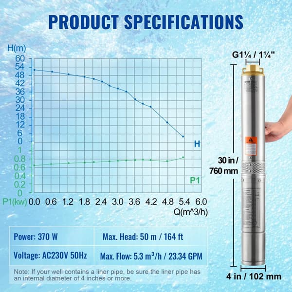 Nedsänkt Brunnpump, 370 W Effekt, Maximal Höjd 50 m,370W Inbyggd