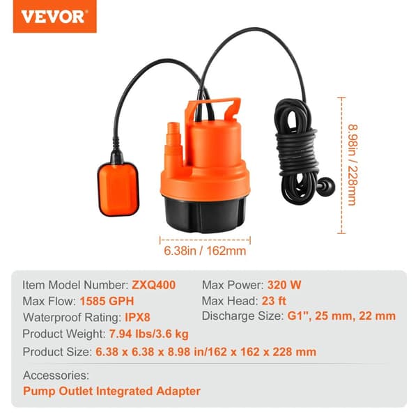 Nedsænkelig Utility Pumpe, 320W Effekt, 1585 GPH Flow Rate,0.43 HK