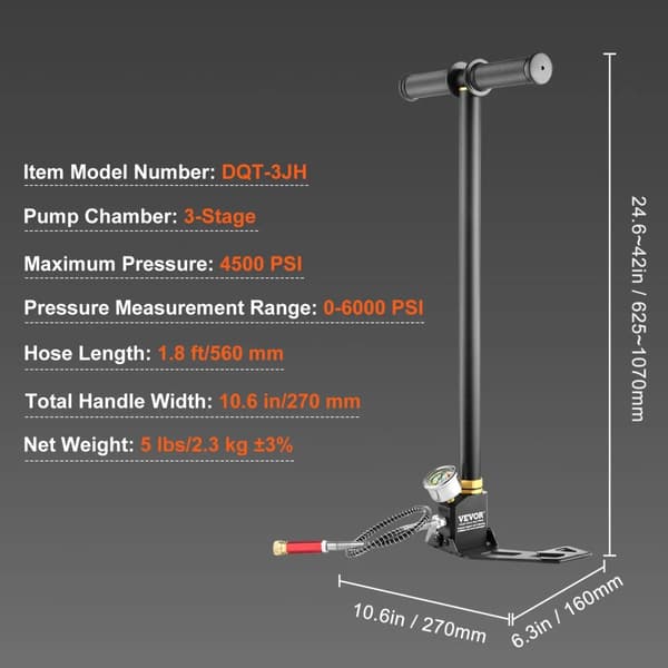 PCP Handpump, 4500 PSI Maxtryck, 3-stegsdesign,3 steg svart