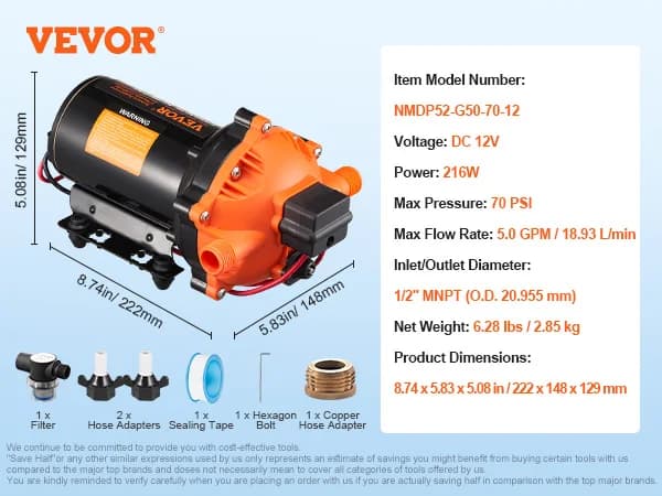 Diaphragm Pumpe, 3,0 GPM Flow Rate, 50 PSI Tryk,5.0 GPM 5-Kammer-a