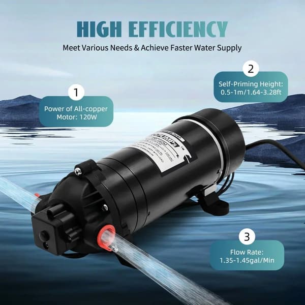 Selvprimende boosterpumpe, høj effektivitet flowrate, automatisk trykbeskyttelse, kompakt design.