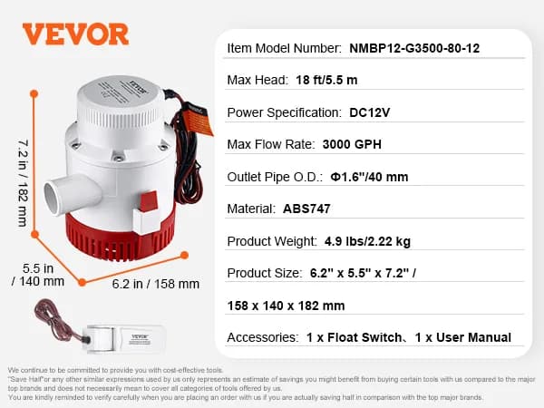 Automatisk Skibspumpe, 3000 GPH Maksimal Flow Rate, 18 ft Maksimal Højde, 40 mm Udstødningsrør,3000GPH 40mm Udløb, EU