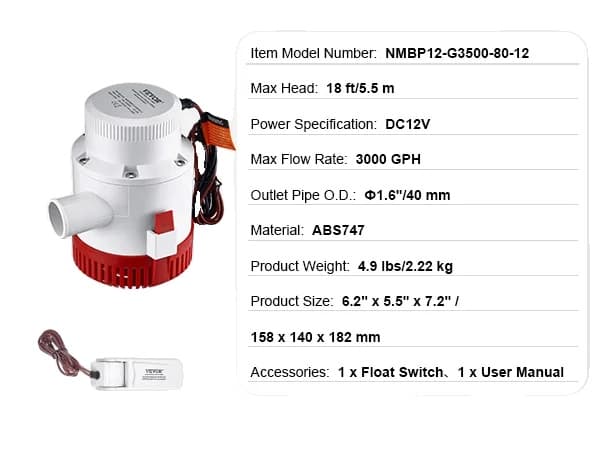 Automatisk Skibspumpe, 3000 GPH Maksimal Flow Rate, 18 ft Maksimal Højde, 40 mm Udstødningsrør,3000GPH 40mm Udløb, EU