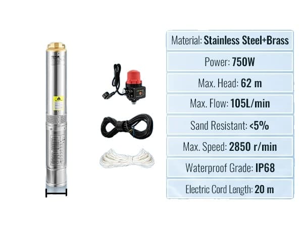 Djupbrunns nedsänkbar pump, 750W effekt,750W Automatisk Växling, EU