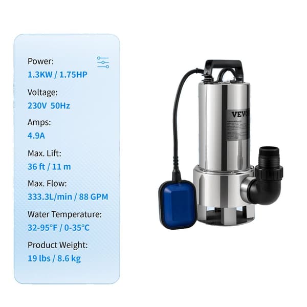 Kloakpumpe, Max Lift 25 ft, IPX8 -beskyttelse,1300W 1.75HK, EU