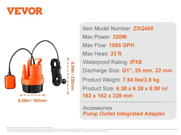 Utility Pumpe, Max Flow 4000 GPH, Max Højde 31 ft, Vandtæt IPX8,320W 1585 GPH, EU