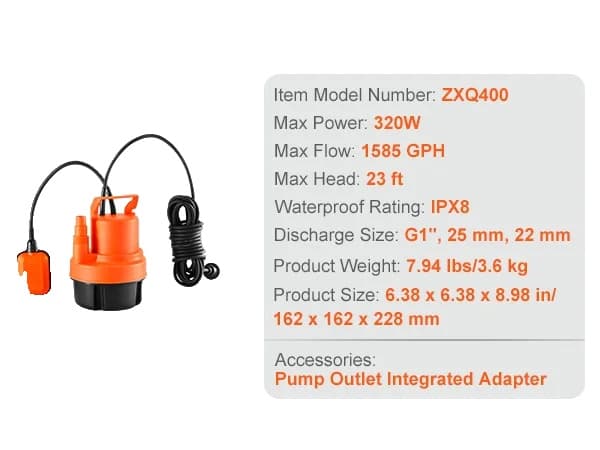 Utility Pumpe, Max Flow 4000 GPH, Max Højde 31 ft, Vandtæt IPX8,320W 1585 GPH, EU