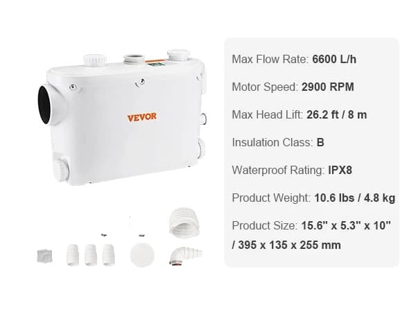 VEVOR Macerator Pumpe, 500W Effekt, 6600 L/t Flow Rate,500W