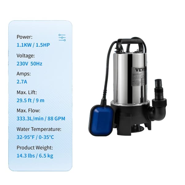 Kloakpumpe, Kobbermotor, Flydekontakt,1100 watt 1,5 hestekræfter