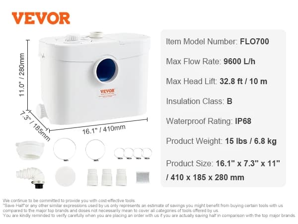 Macerator Pumpe, 700W Effekt, 9600 L/t Flow Rate,700W