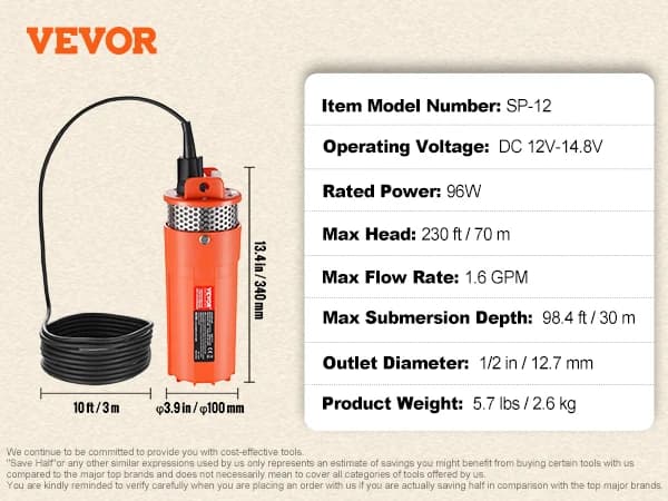 VEVOR Nedsænkelig Vandpumpe, Maksimal Flow Rate 9,25 GPM, Maksimal Højde 273 ft,96W 1.6GPM