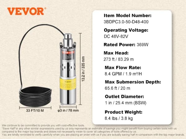 VEVOR Nedsänkbar Vattenpump, Max Flödeshastighet 9,25 GPM, Max Höjd 273 fot,369W 8.4GPM