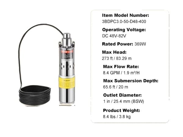 VEVOR Nedsänkbar Vattenpump, Max Flödeshastighet 9,25 GPM, Max Höjd 273 fot,369W 8.4GPM