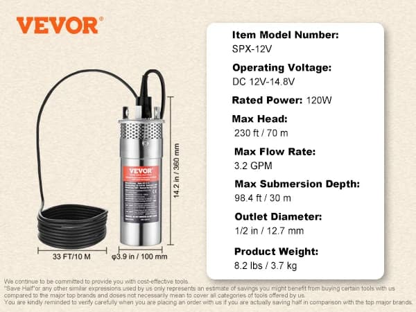 VEVOR Nedsänkbar Vattenpump, Max Flödeshastighet 9,25 GPM, Max Höjd 273 fot,120W 3,2GPM