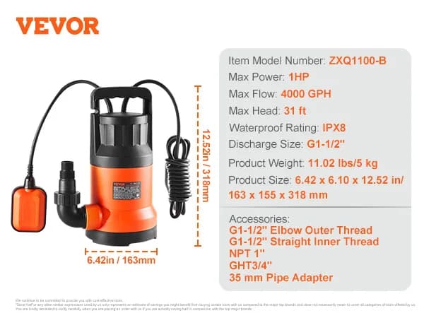 VEVOR Käyttöpumppu, 4000 GPH Korkea Virtaus, 31 ft Maksimi Korkeus,700W 4000 GPH