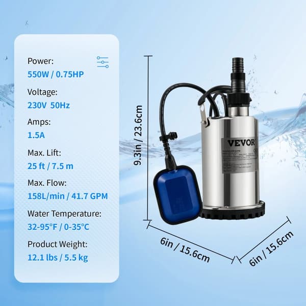 Kloakpumpe, Kobbermotor, Flydekontakt,550W 0,75HK