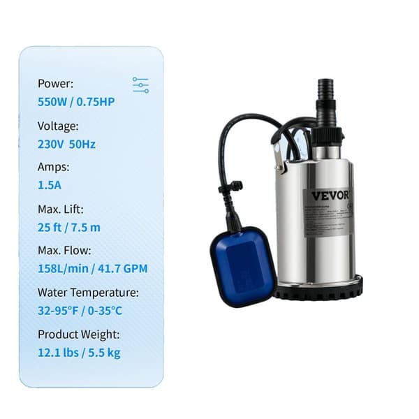 Kloakpumpe, Kobbermotor, Flydekontakt,550W 0,75HK