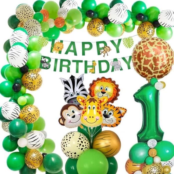 Ballongdekoration djungelfödelsedagsfest 1 år pojke 1 års födelsedag ballonggirland djungeldjur för pojke
