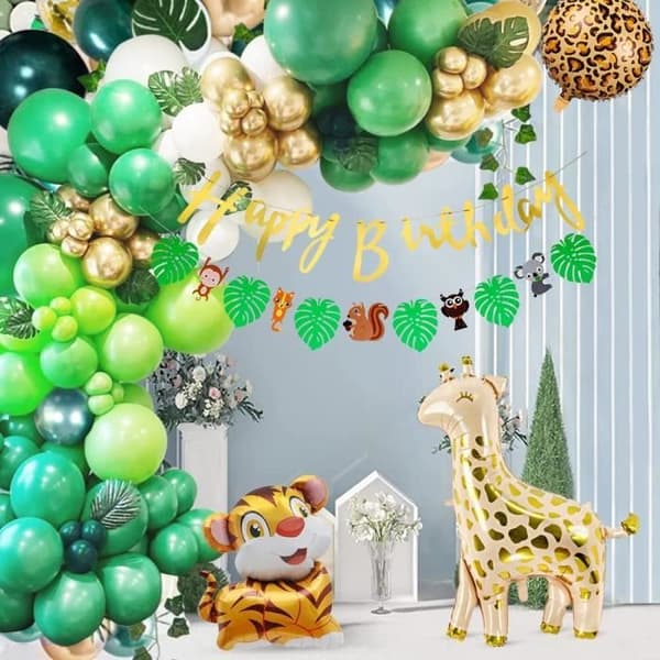 Jungle Födelsedagsdekorationer Pojkesafari Födelsedagsballonggirland med födelsedagsballongbågsbanner