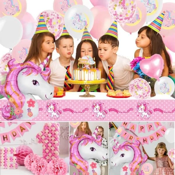 Unicorn Födelsedagsdekorationer Flicka Rosa Födelsedag Ballong Garland 3D Unicorn Banner Folie Bågballonger