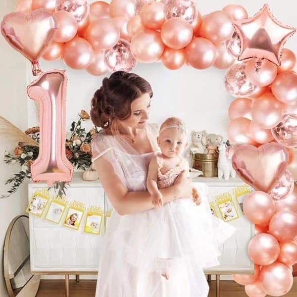 Dekoration födelsedag tjej 1 år Guld Rosa Båge Girlang Ballong Födelsedag tjej Fest med Baby Månad Foto Banner Banner