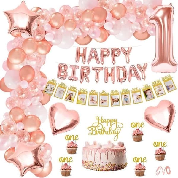 Dekoration födelsedag tjej 1 år Guld Rosa Båge Girlang Ballong Födelsedag tjej Fest med Baby Månad Foto Banner Banner
