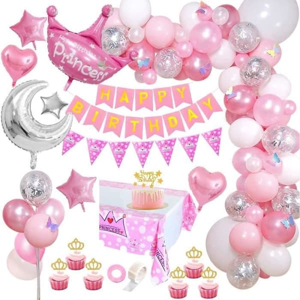 Födelsedagsdekorationer Flicka Födelsedag Ballong Garland Grattis på födelsedagen Banner Arch Rosa Ballonger Prince Crown